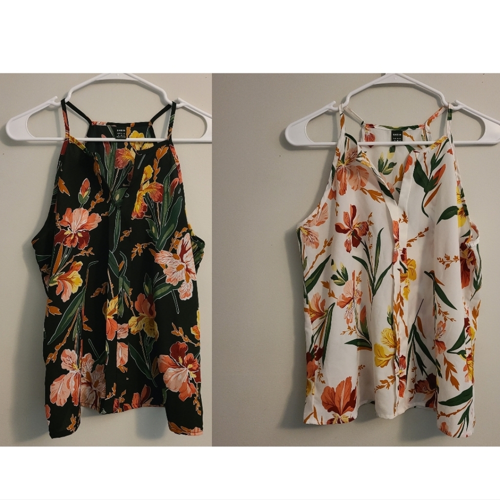 5/$10 SHEIN Orange and Pink Floral Camisole Top with High Neckline